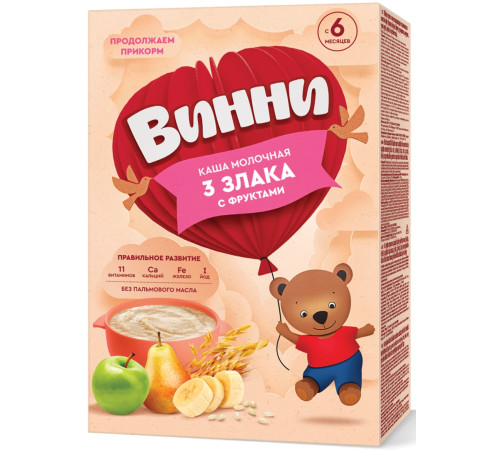  Винни Каша молочная 3 злака с фруктами (банан, груша, яблоко) (6 m+) 200 gr.