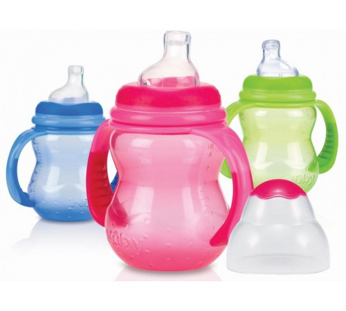 nuby id92181 biberon de învățare  cu sistem anti-varsare si mânere detașabile 240 ml. (6m +)