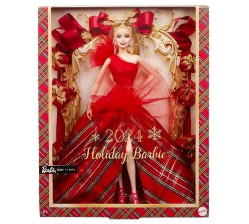 barbie hrm61 papusa de colectie "holiday 2024"  blonda in rochie in carouri