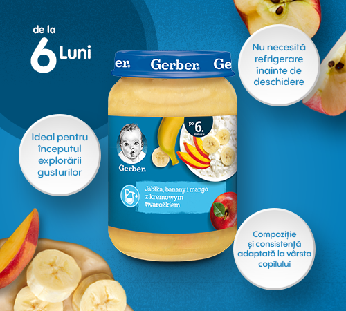 gerber piure de mere, banane și mango cu brânză de vaci (6 luni+) 190 gr. 