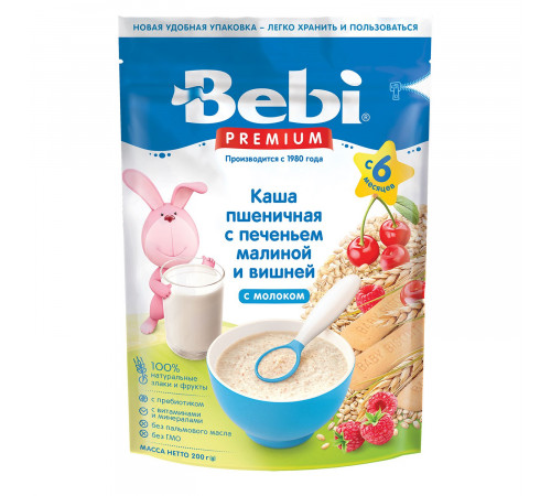  bebi premium Каша молочная Пшеничная с печеньем, малиной и вишней (6 м+) 200 гр.