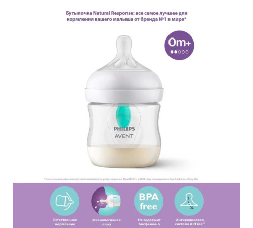 avent scy670/01 biberon natural response cu dispozitiv anticolici airfree (0 luni+) 125 ml.