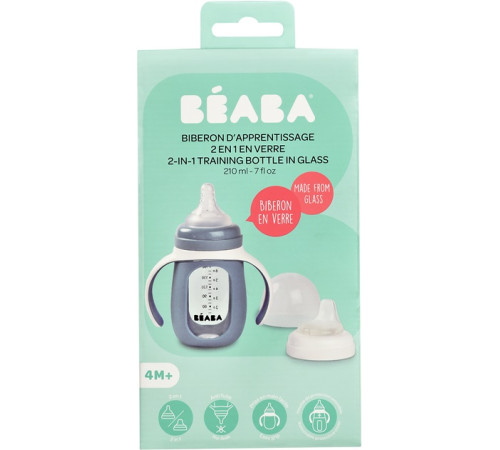 beaba biberon din sticla 2 in 1 pentru invatare (210 ml.) gri