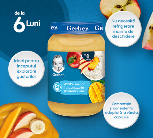 gerber piure de mere, mango și piersici cu brânză de vaci (6 luni+) 190 gr.