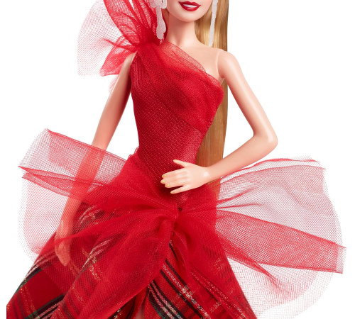 barbie hrm61 papusa de colectie "holiday 2024"  blonda in rochie in carouri