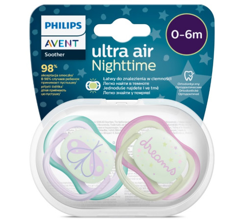 avent scf376/19 Пустышка силиконовая "ultra air night" (0-6 м) 2 шт.