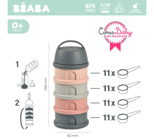 beaba 5740 recipiente pentru lapte praf (4 camere) gri/roz