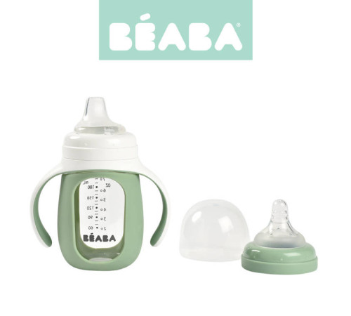 beaba 5812 biberon din sticla 2 in 1 pentru invatare (210 ml.) verde