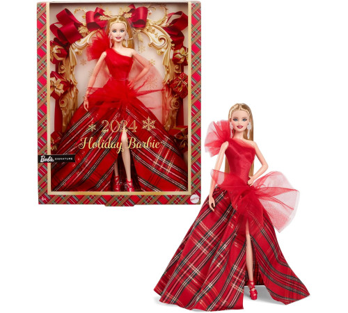 barbie hrm61 papusa de colectie "holiday 2024"  blonda in rochie in carouri