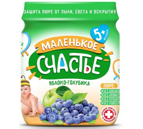 Детское питание в Молдове "Маленькое счастье" Пюре Яблоко-Голубика 90 гр. (5м+)