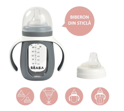 beaba biberon din sticla 2 in 1 pentru invatare (210 ml.) gri