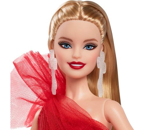 barbie hrm61 papusa de colectie "holiday 2024"  blonda in rochie in carouri