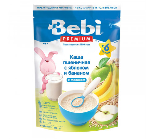 Детское питание в Молдове bebi premium Каша пшеничная молочная с яблоком и бананом  (6 м+) 200 гр.