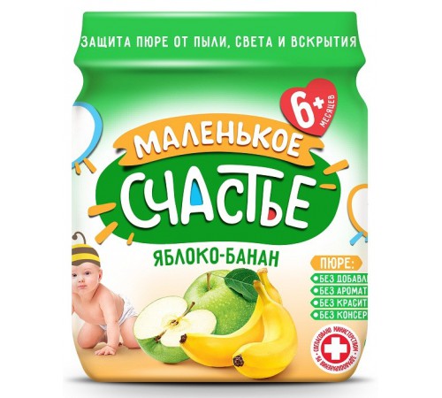 Детское питание в Молдове "Маленькое счастье" Пюре Яблоко-Банан  90 гр. (6м+)