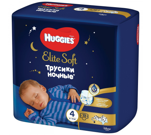 Подгузники-трусики huggies elite soft ночные 4 (9-14кг) 19шт.