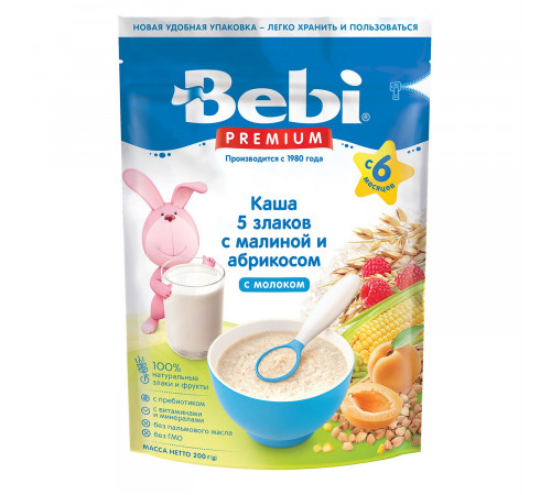 Детское питание в Молдове bebi premium Каша молочная 5 злаков с абрикосом и малиной (6 м+) 200 гр.