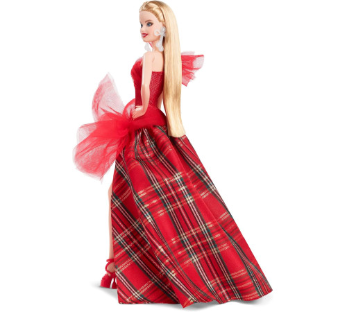 barbie hrm61 papusa de colectie "holiday 2024"  blonda in rochie in carouri