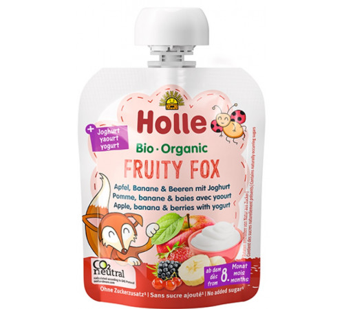  holle bio organic Пюре "fruity fox" Яблоко-банан-лесные ягоды-йогурт (8 м +) 85 гр.