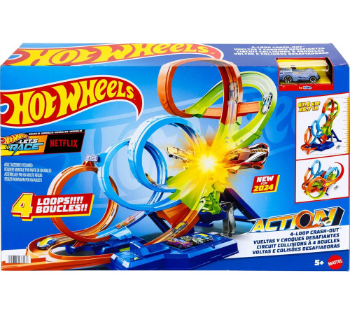  hot wheels hxr70 Трек "action 4-loop crash out"  моторизованным усилителем и машинкой (1:64)