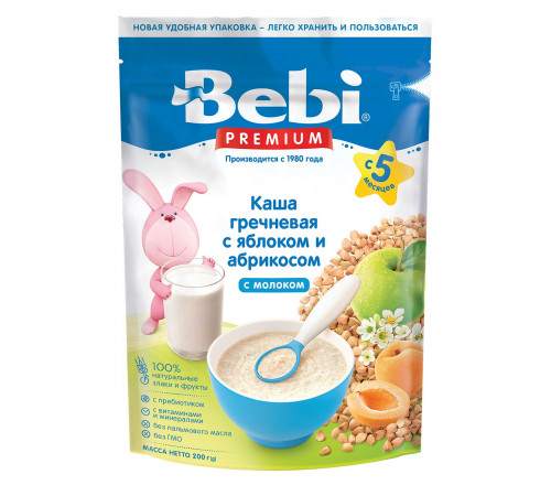  bebi premium Каша молочная гречневая с яблоком и абрикосом (5 м+) 200 гр.