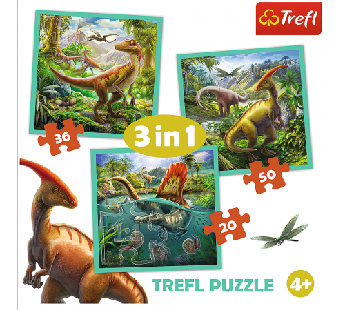 trefl 34837 puzzle 3-în-1 "lumea uimitoare a dinozaurilor" (20/36/50 el.)